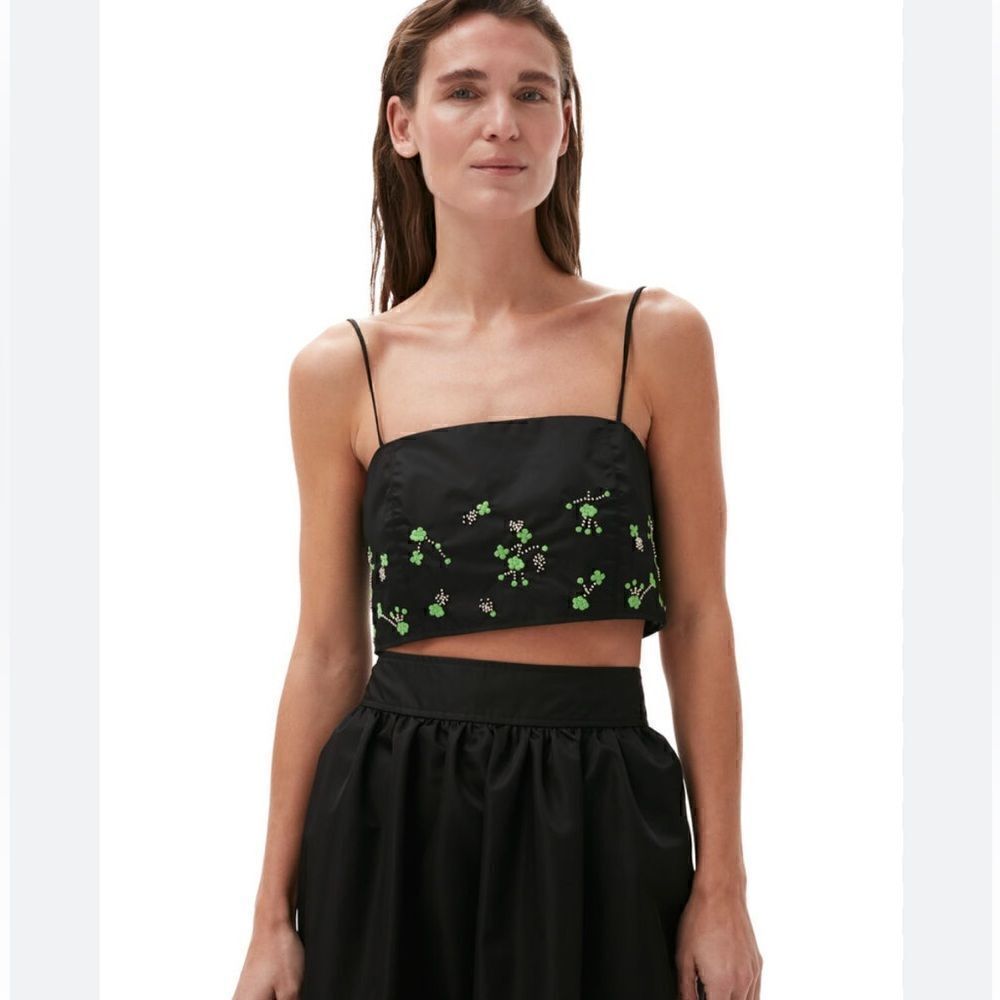 Ganni Black Floral Embroidered Crystal Embellished Square Neck Crop Top S $395